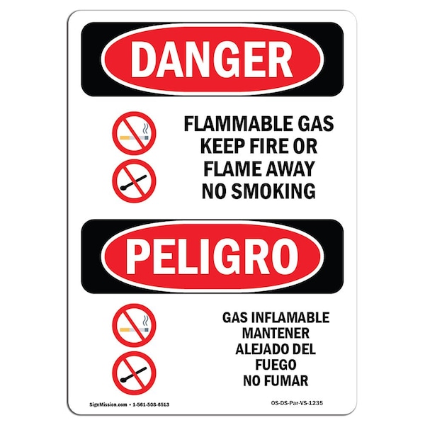 Safety Sign, OSHA Danger, 5" Height, Flammable Gas Keep Fire Away Spanish, 10PK